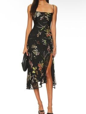 ASTR Gaia Floral Burnout Slip Dress Black Midi Cowl Neck Slit